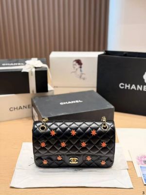 Chaneel Black Quilted Lambskin Striking Orange Floral Embellished Shoulder Bag With OG Double Box Dust Cover & Carry Bag 8768