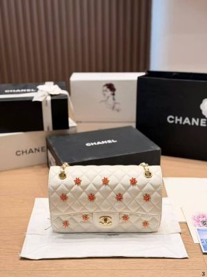 Chaneel Beige White Quilted Lambskin Striking Orange Floral Embellished Shoulder Bag With OG Double Box Dust Cover & Carry Bag 8768
