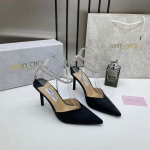 Jimi Choo Saeda Crystal-chain Pumps Black Featuring Crystal Embellished Ankle strap Stiletto Heel With OG & Bag 4907-28 Black