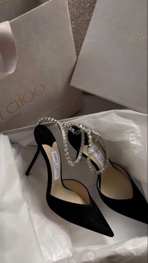 Jimmmy Chooo Saeda Crystal-chain Pumps Black Featuring Crystal Embellished Ankle strap Stiletto Heel With OG & Bag 4907-28 Black